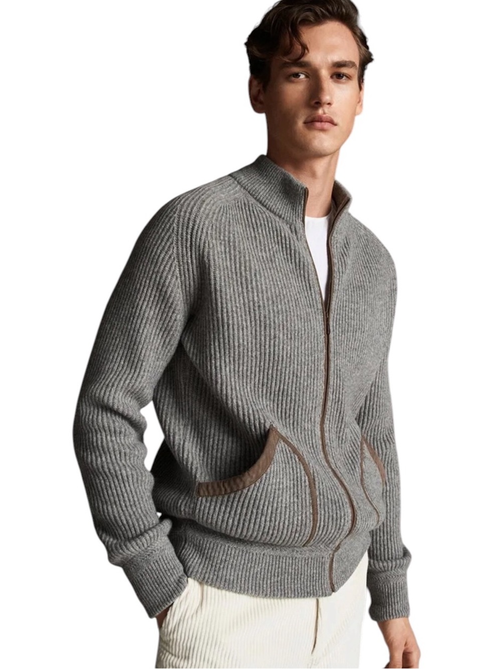 Massimo Dutti Men’s Grey Ribbed Wool Full Zip Cardigan Sweater Quiet Luxury XL